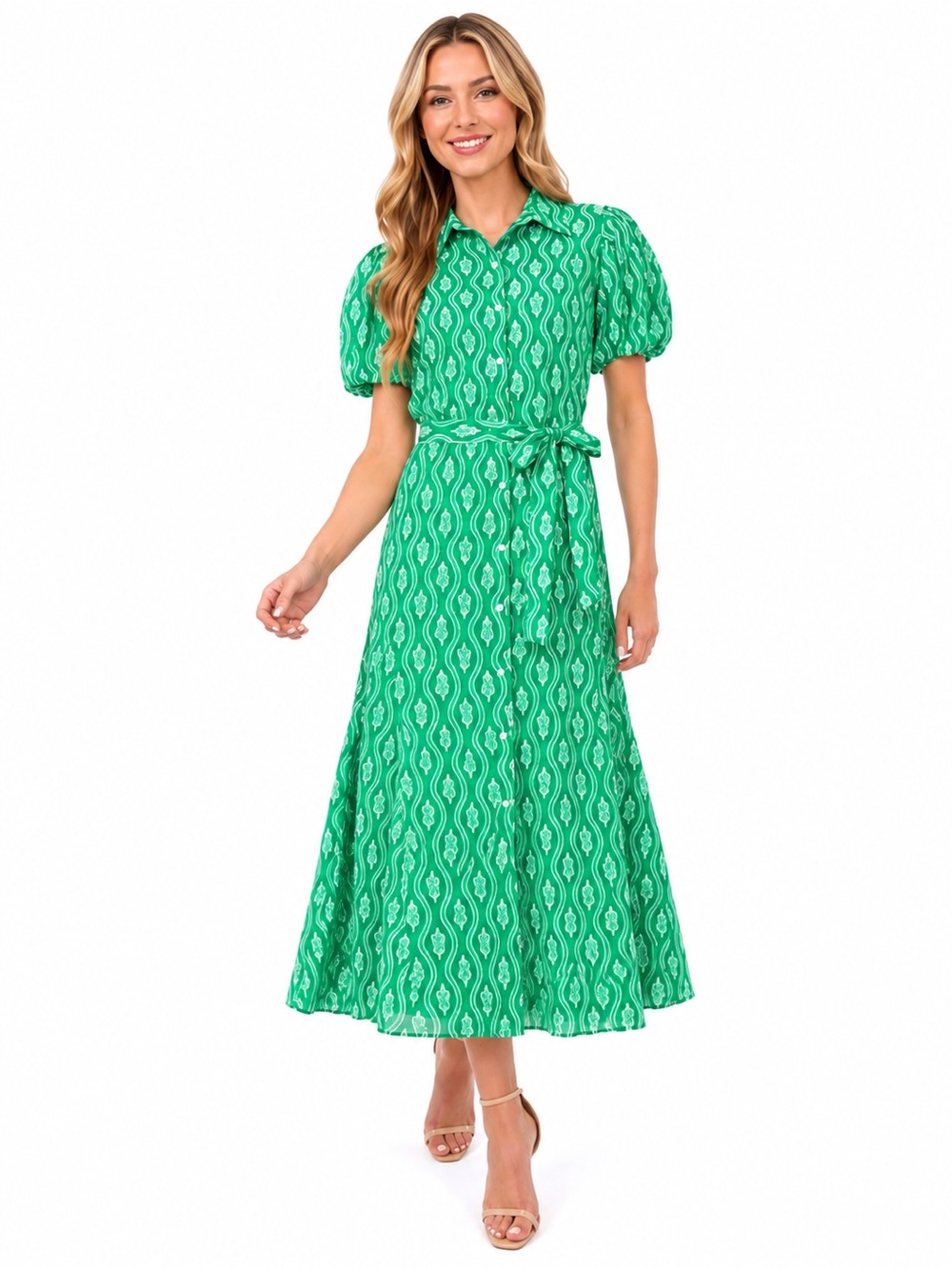 CeCe Green Printed Button-Front Midi Dress Tie Waist 70% Rayon lining 100%cotton